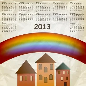 Vector 2013 calendar on abstract background with rainbow and old houses, crum Stock Illustration