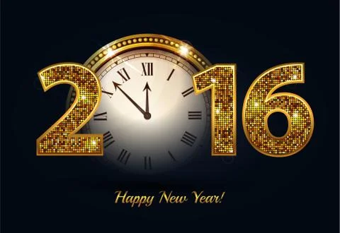 Vector 2016 Happy New Year background with gold clock Stock Illustration