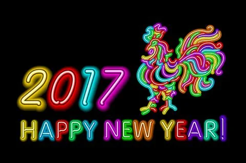 Vector 2017 Happy New Year rooster neon color light Stock Illustration
