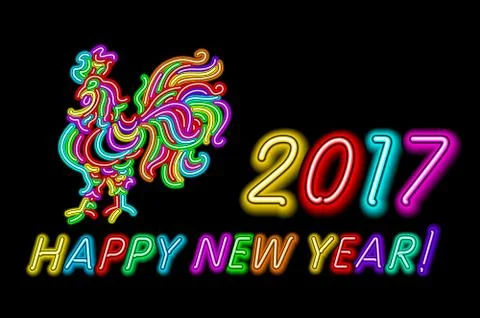 Vector 2017 Happy New Year rooster neon color light Stock Illustration