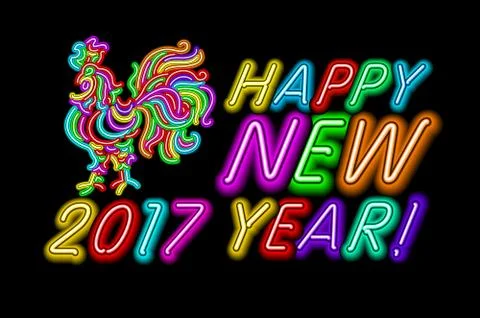 Vector 2017 Happy New Year rooster neon color light Stock Illustration