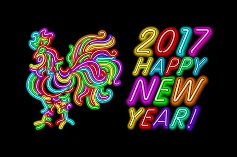 Vector 2017 Happy New Year rooster neon color light Stock Illustration