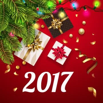 Vector 2017 Happy New Year background with golden gifts bow under fir tree Stock Illustration