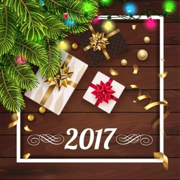 Vector 2017 Happy New Year background with golden gifts bow under fir tree Stock Illustration