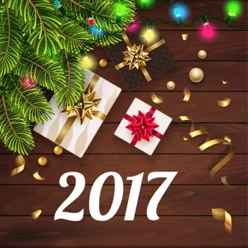 Vector 2017 Happy New Year background with golden gifts bow under fir tree Stock Illustration