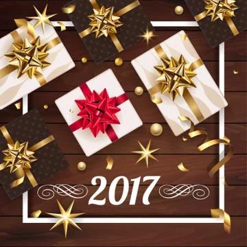 Vector 2017 Happy New Year background with golden gifts bow under fir tree Stock Illustration