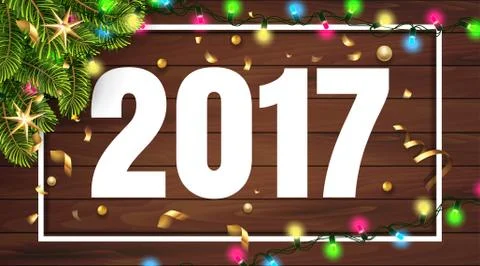 Vector 2017 Happy New Year wooden background with fir tree and confetti, light Illustrazione stock
