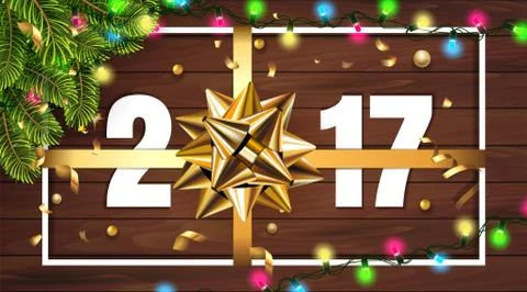 Vector 2017 Happy New Year wooden background with golden gift bow gift, fir tree Stock Illustration