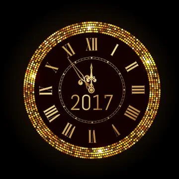 Vector 2017 shiny New Year Clock in gold disco circle frame. Vintage elegant Stock Illustration