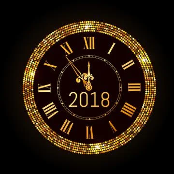 Vector 2017 shiny New Year Clock in gold disco circle frame. Vintage elegant Stock Illustration