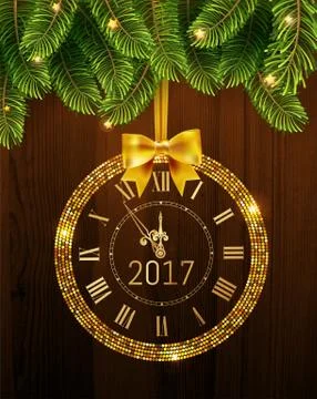 Vector 2017 shiny New Year Clock in gold disco circle frame on christmas wood Stock Illustration