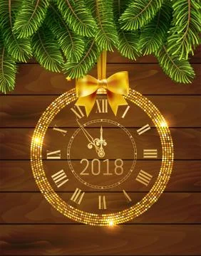 Vector 2017 shiny New Year Clock in gold disco circle frame on c Stock Illustration