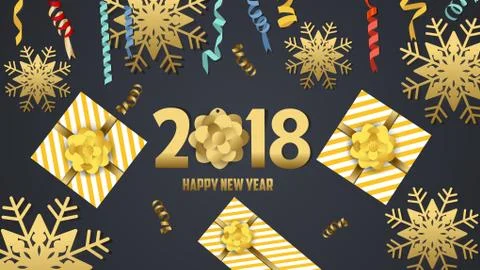 Vector 2018 Happy New Year background with golden gift bow Stock Illustration