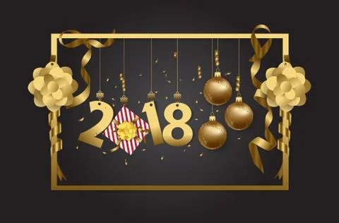 Vector 2018 Happy New Year background with golden gift bow Stock Illustration