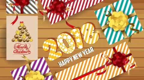 Vector 2018 Happy New Year background with golden gift bow Stock Illustration