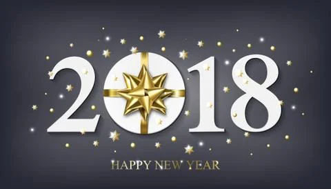 Vector 2018 Happy New Year background with golden gift with bow Stock Illustration