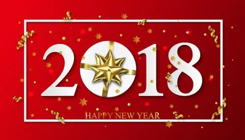 Vector 2018 Happy New Year red background with golden gift bow Stock Illustration
