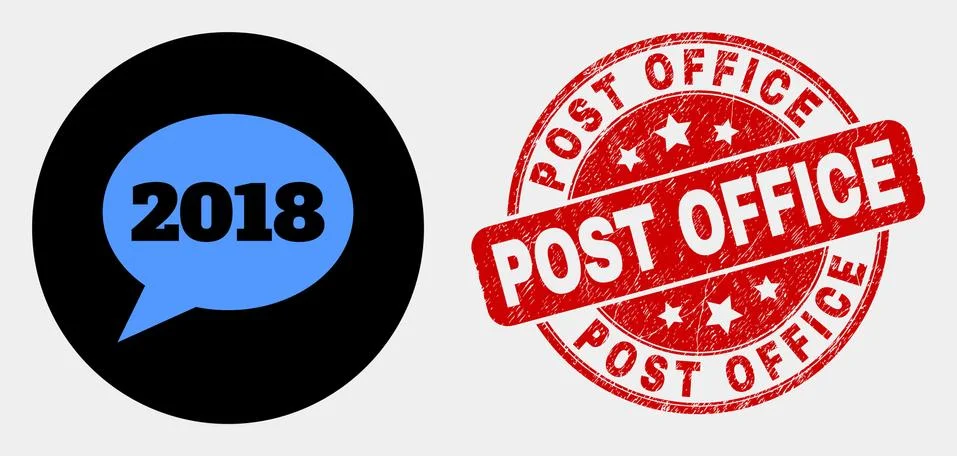 Vector 2018 Message Balloon Icon and Distress Post Office Seal Stock Illustration