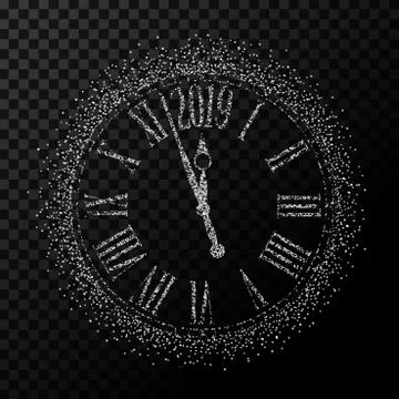 Vector 2019 Happy New Year silver glitter classic clock on transparent backgr 库存插图