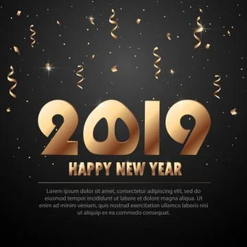 Vector 2019 New Year Black background with gold glitter confetti splatter tex Stock Illustration