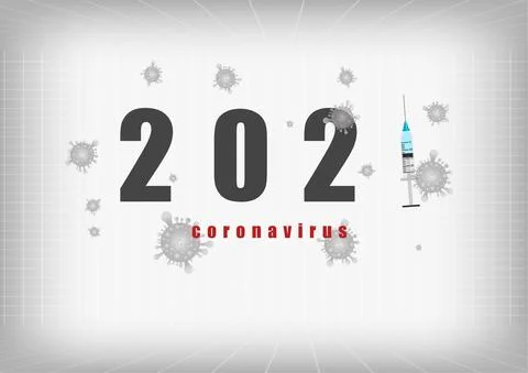 Vector : 2021 Coronavirus and syringe on gray background Stock Illustration