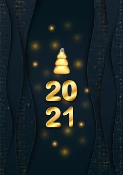 Vector 2021 Gold text. 3D Christmas Tree Ball on Papercut black waves with Stock Illustration