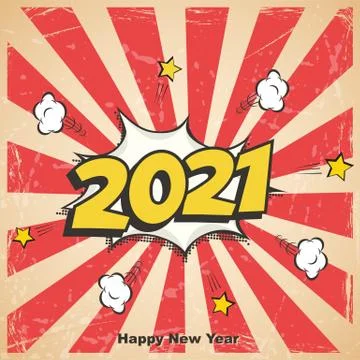 Vector 2021 New Year retro design. Winter holiday comic book style postcard or Stock Illustration