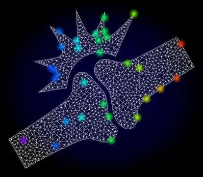 Vector 2D Mesh Bone Joint Fracture with Spectrum Colored Glowing Spots Stock Illustration