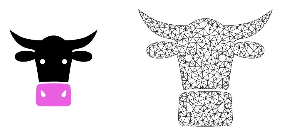 Vector 2D Mesh Cow Head and Flat Icon Stock Illustration