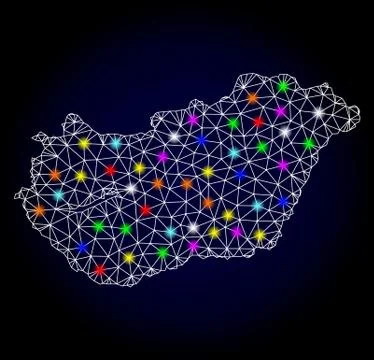 Vector 2D Mesh Map of Hungary with Glowing Spots for Christmas Stock Illustration