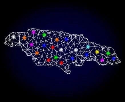 Vector 2D Mesh Map of Jamaica with Glowing Spots for Christmas Stock Illustration