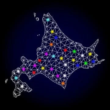 Vector 2D Mesh Map of Japanese Hokkaido with Glowing Spots for Christmas Stock Illustration