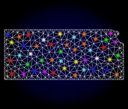 Vector 2D Mesh Map of Kansas State with Light Spots for Christmas Stock Illustration