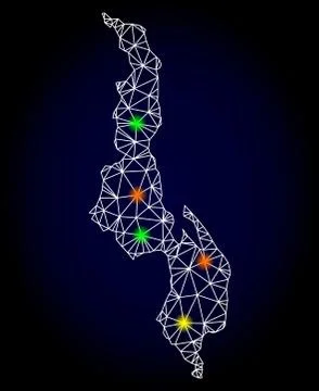 Vector 2D Mesh Map of Malawi with Glowing Spots for Christmas Stock Illustration