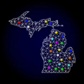 Vector 2D Mesh Map of Michigan State with Light Spots for Christmas Stock Illustration