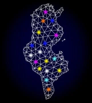 Vector 2D Mesh Map of Tunisia with Glare Spots for Christmas Stock Illustration