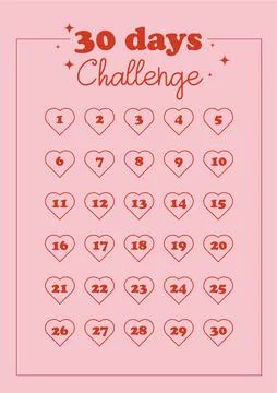 Vector 30 days challenge template habit tracker, notebook page, pink background	 Stock Illustration