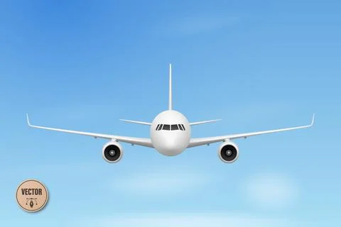 Vector 3d Airplane Front View. Passenger Airplane Flying in Blue Sky. Commercial Stock Illustration