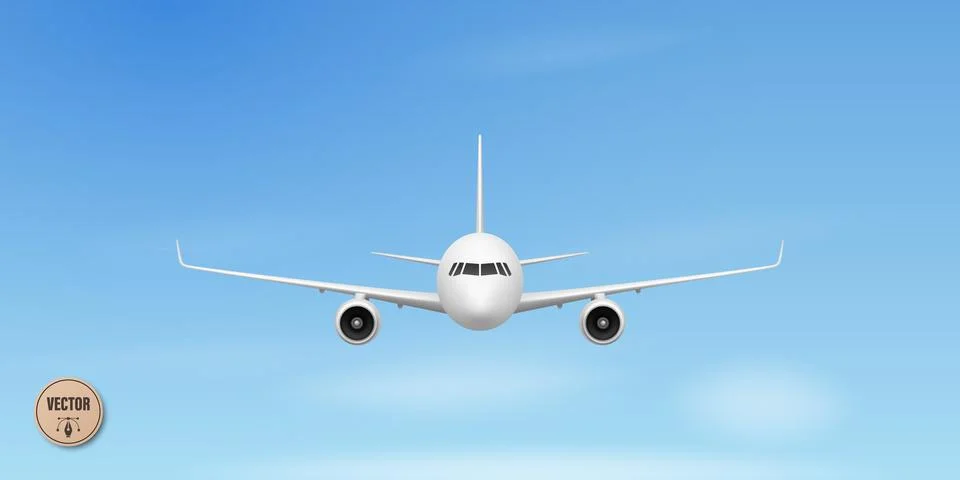 Vector 3d Airplane Front View. Passenger Airplane Flying in Blue Sky. Commercial Stock Illustration