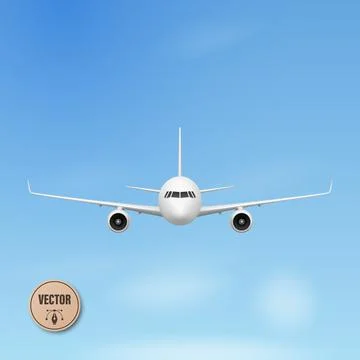 Vector 3d Airplane Front View. Passenger Airplane Flying in Blue Sky. Comme.. Stock Illustration