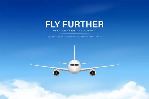 Vector 3d Airplane Front View. Passenger Airplane Flying in Blue Sky. Comme.. Stock Illustration