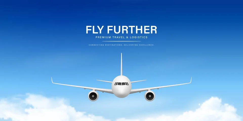 Vector 3d Airplane Front View. Passenger Airplane Flying in Blue Sky. Comme.. Stock Illustration