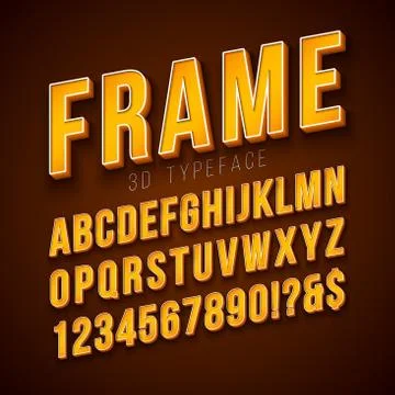 Vector 3d Alphabet Font with Frame and Shadow on Red Background. Modern Typeface Stock Illustration