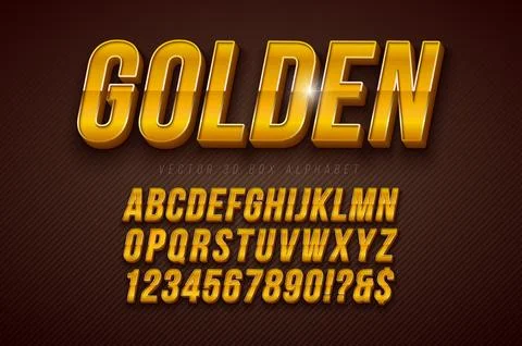 Vector 3d Alphabet Font Set with Golden Frame and Shadow on Dark Background Stock Illustration