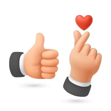 Vector 3d Like and Love Hands. Like and Love Hands. Thumbs Up and Finger Heart Stock Illustration
