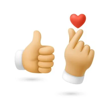 Vector 3d Like and Love Hands Set, Isolated. Like and Love Hands. Thumbs Up and Stock Illustration