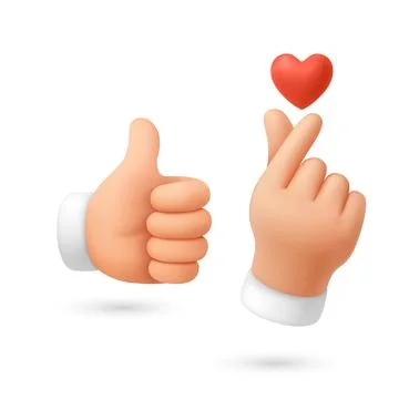 Vector 3d Like and Love Hands and Heart Set, Isolated. Like and Love Hands Stock Illustration