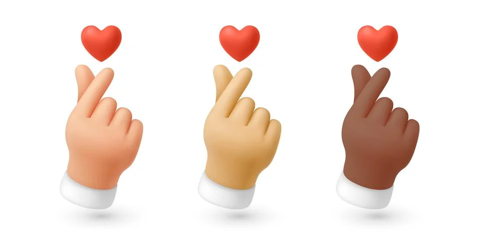 Vector 3d Like and Love Hands and Heart Set, Isolated. Like and Love Hands Stock Illustration