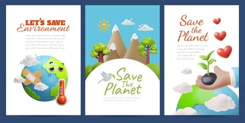 Vector 3D and set of posters with planet and thermometer, with hand holding Stock Illustration