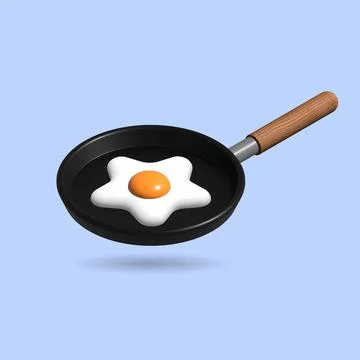 Vector 3d Animated Black Frying Pan with wooden handle, Cooking Fried Egg On  Illustration